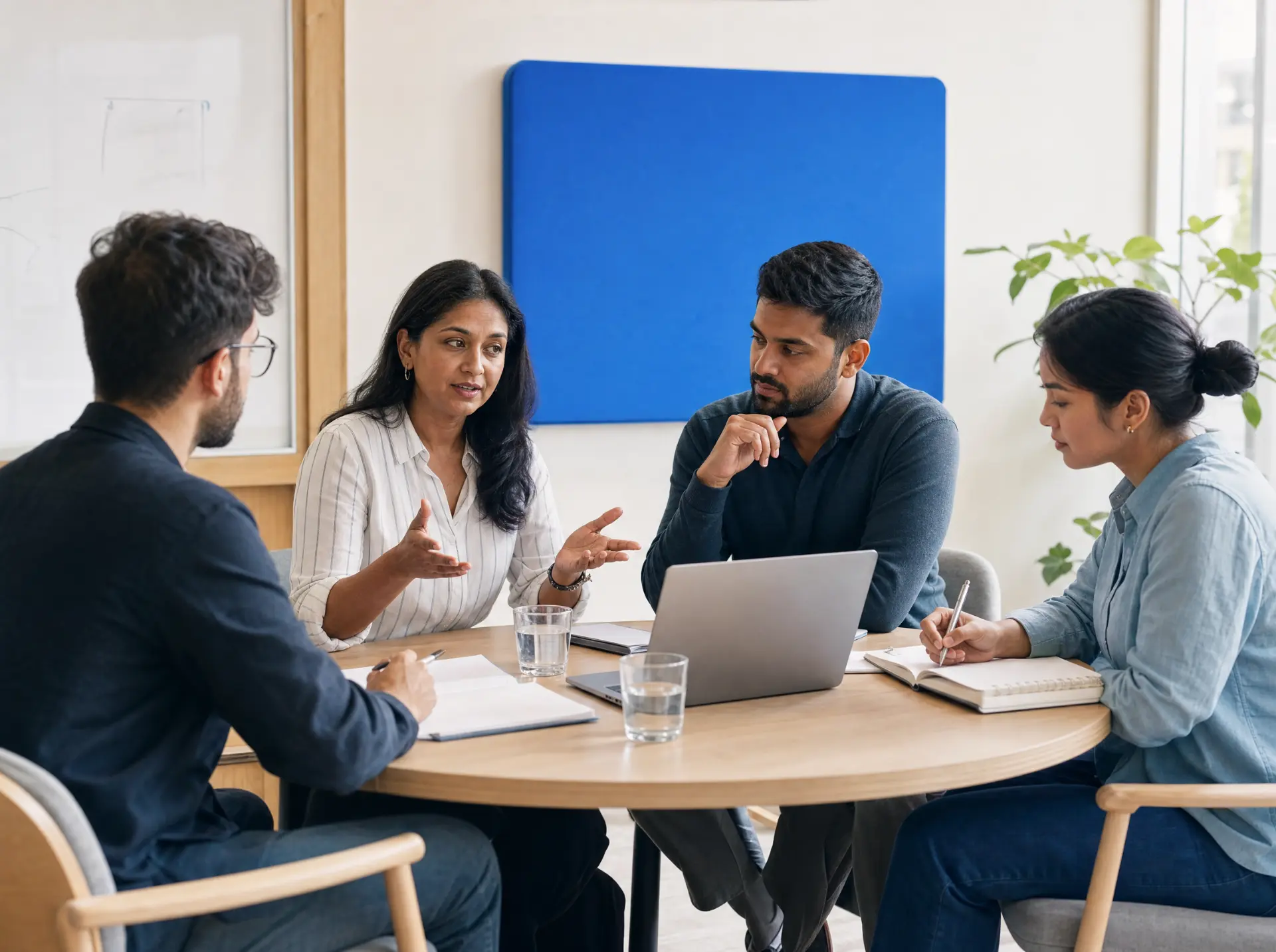 A mentor discussing a project with a small group of learners
