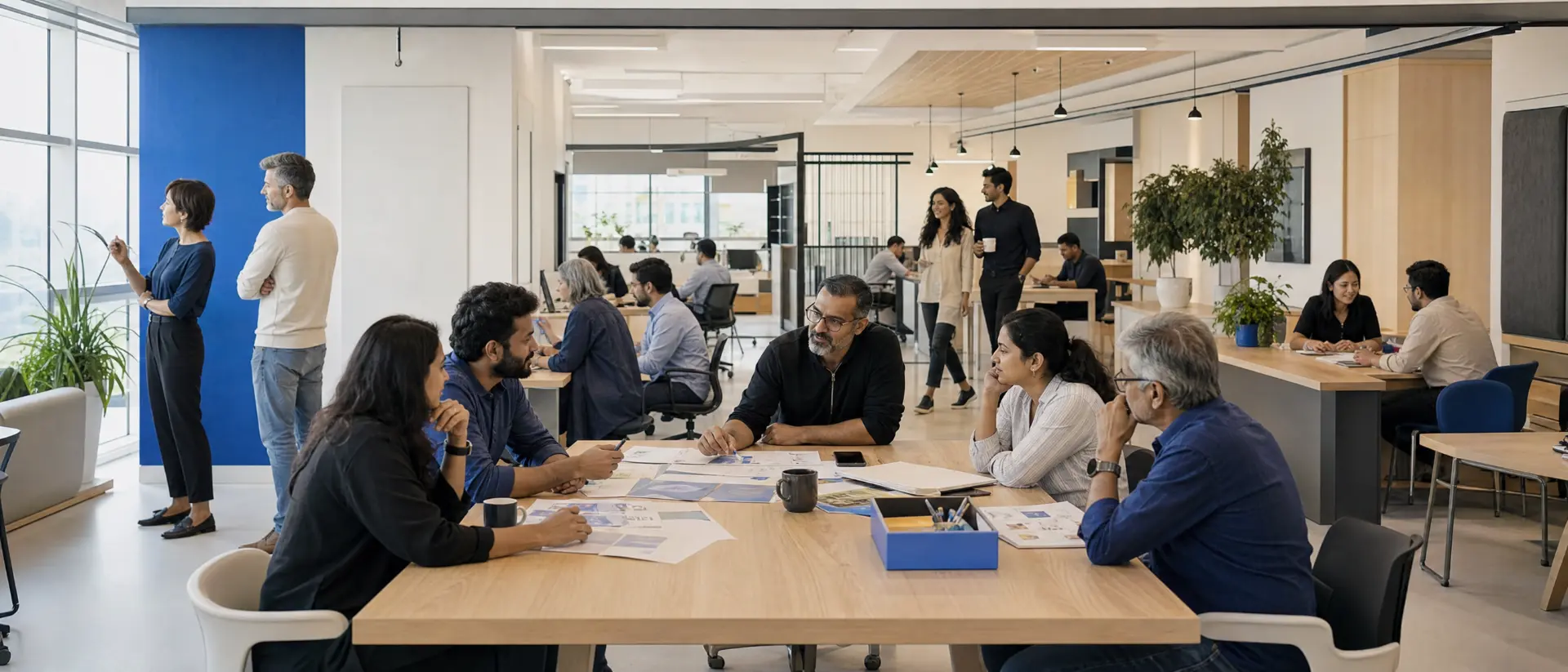 A fictional LearnToday team collaborating in a spacious studio